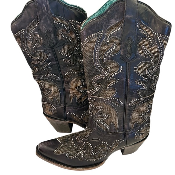 Corral Women's Inlay Western Boot Snip Toe - A3859 Size 7.5 Studded Black Brown - Picture 2 of 16
